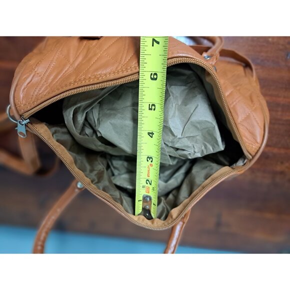 Women's Quilt Pattern Soft Faux Leather Tan Tote Shoulder Bag Handbag Purse - Picture 5 of 8